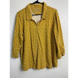 Eddie Bauer Womens Mustard Button Up Top Plus size 2XL 3/4 Sleeve Jersey‎ Casual